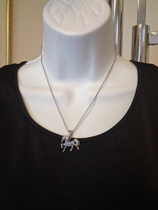 Vintage Jewelry - Vintage Artistic Horse Pendant Blue Austrian Crystal Silver-Plated Necklace